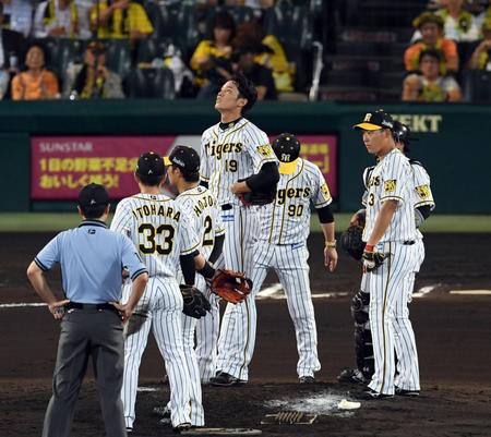 ６回途中、降板する阪神・藤浪晋太郎（中央）はマウンドで天を仰ぐ＝甲子園（撮影・山口登）