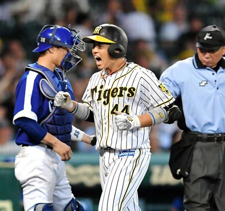 　４回、３ランを放ち、雄叫びを上げながら生還する梅野（撮影・高部洋祐）