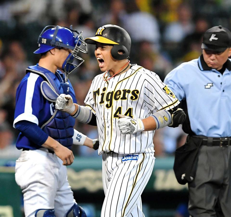 　４回、３ランを放ち、雄叫びを上げながら生還する梅野（撮影・高部洋祐）