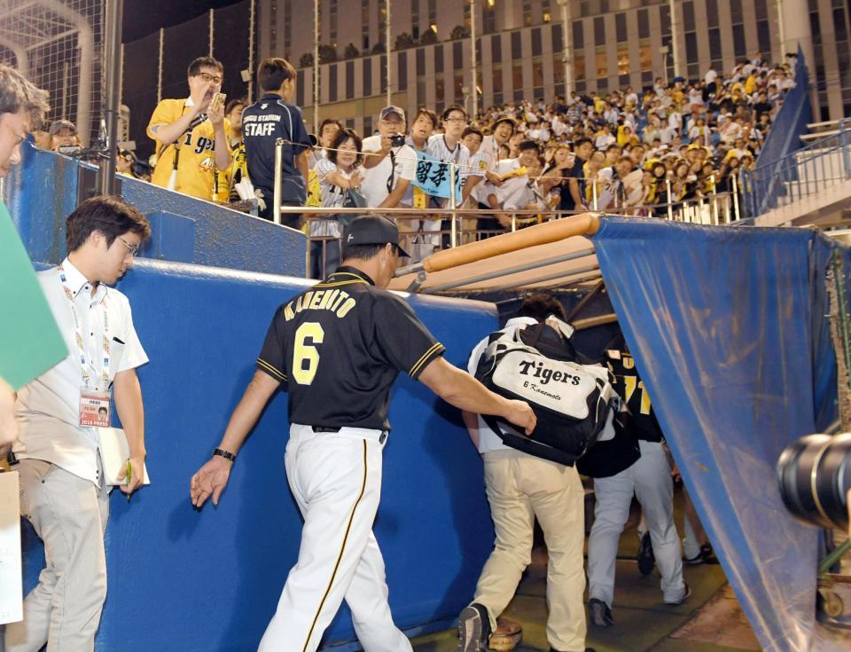 ロード黒星発進となり、足早に引き揚げる阪神・金本知憲監督＝神宮（撮影・田中太一）