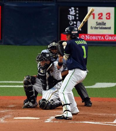 ４回ヤクルト１死一塁、死球を受けるヤクルト・山田哲＝京セラドーム大阪（撮影・山口登）