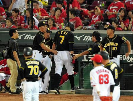５回、適時打を放つも負傷し、ベンチに下がる阪神・糸井嘉男（中央）＝マツダスタジアム（撮影・高部洋祐）