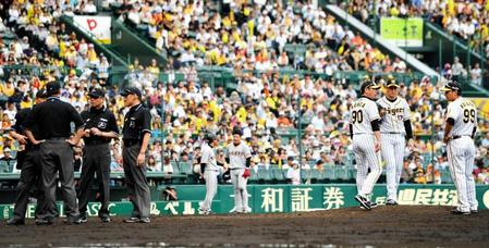 ７回巨人、審判団が巨人・阿部の打球の判定を協議し、阪神・香田コーチが阪神・岩貞（右から２人目）に声を掛ける＝甲子園（撮影・山口登）