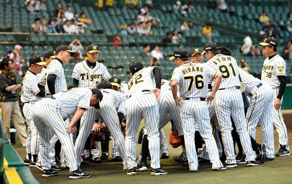 試合前、円陣を組む阪神・金本知憲監督（左側）らナイン＝甲子園（撮影・田中太一）