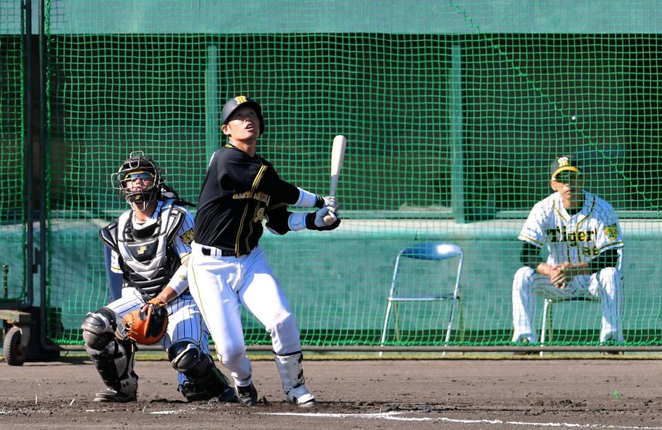 　２回、矢野燿大監督（右）が見守る中、左越えにソロを放つ阪神・原口文仁