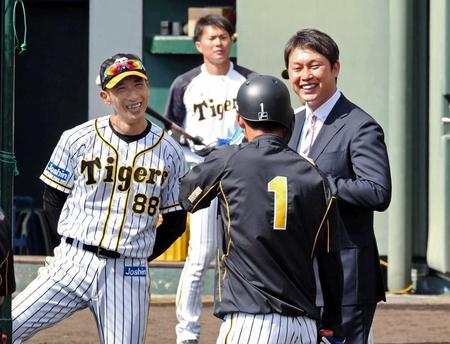 　打撃ケージ裏で矢野監督（左）、鳥谷（手前）と談笑する新井貴浩氏