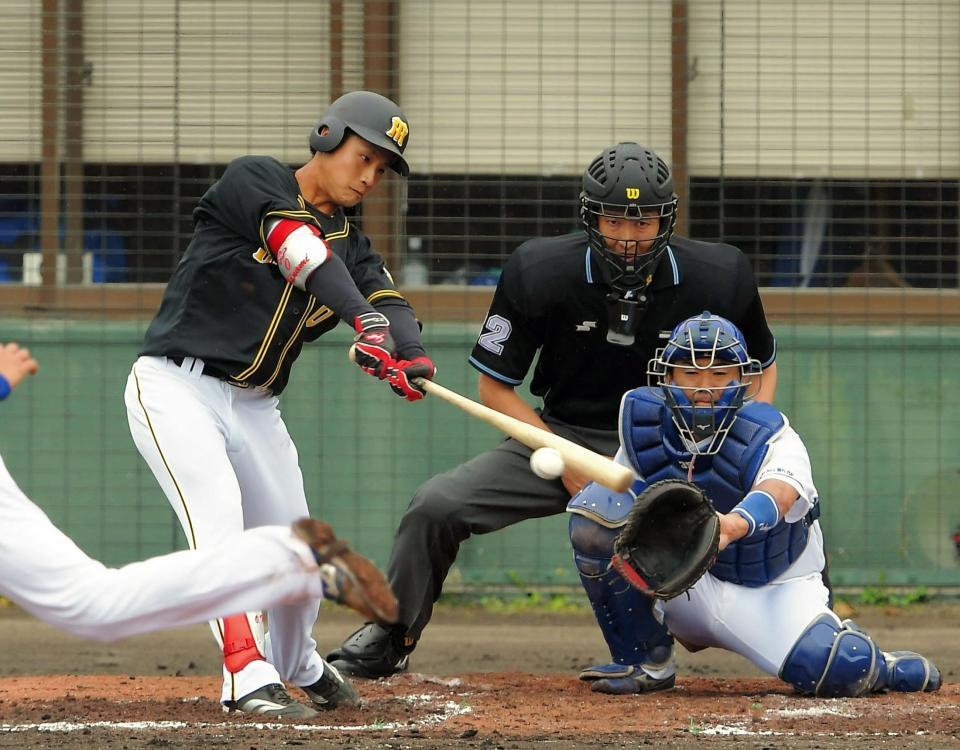 ２回阪神２死、木浪が中前打を放つ＝北谷公園野球場（撮影・堀内翔）