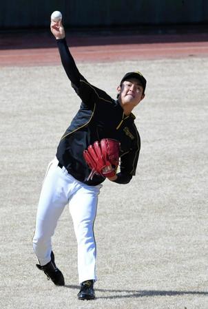 試合前、キャッチボールで調整する阪神・望月惇志＝倉敷マスカットスタジアム（撮影・高部洋祐）