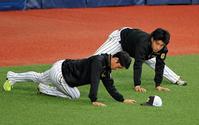 試合前、共に体を動かす阪神・近本光司（左）と阪神・木浪聖也＝京セラドーム（撮影・高部洋祐）