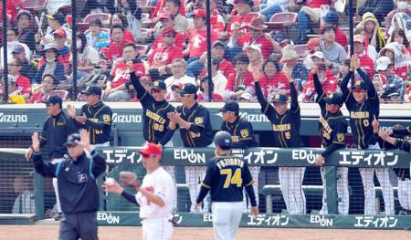 ５回、適時二塁打を放った阪神・大山悠輔にベンチからガッツポーズで祝福する阪神・矢野燿大監督（左から３人目）＝マツダスタジアム（撮影・田中太一）