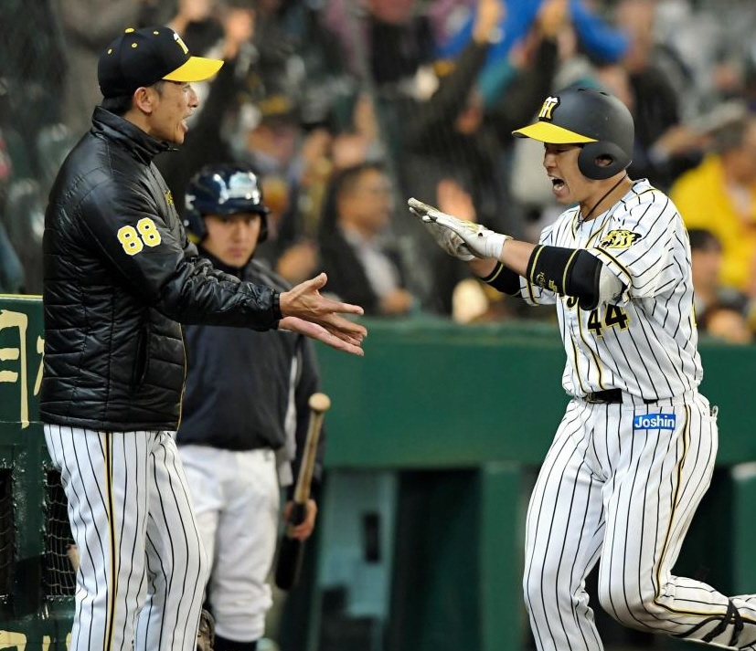 ８回、ソロを放ち、矢野監督（左）とタッチを交わす阪神・梅野＝甲子園（撮影・高部洋祐）