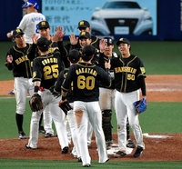 プロ初の完封勝利を挙げ、タッチを交わす阪神・青柳（右手前）