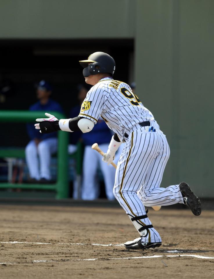 ８回阪神１死、阪神・原口文仁は代打で出場し右飛に倒れる＝鳴尾浜（撮影・山口登）