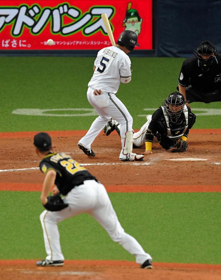　８回、打者・オリックス・西野真弘のとき、同点に追いつかれる暴投をする藤川（手前）＝京セラドーム