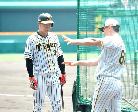 　矢野監督（右）から打撃指導を受ける大山