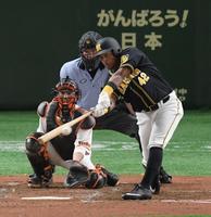５回阪神１死、左翼線に二塁打を放つ阪神・ソラーテ＝東京ドーム（撮影・金田祐二）