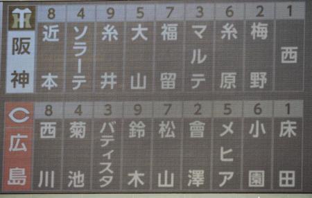 広島対阪神のスターティングメンバー＝マツダスタジアム（撮影・飯室逸平）