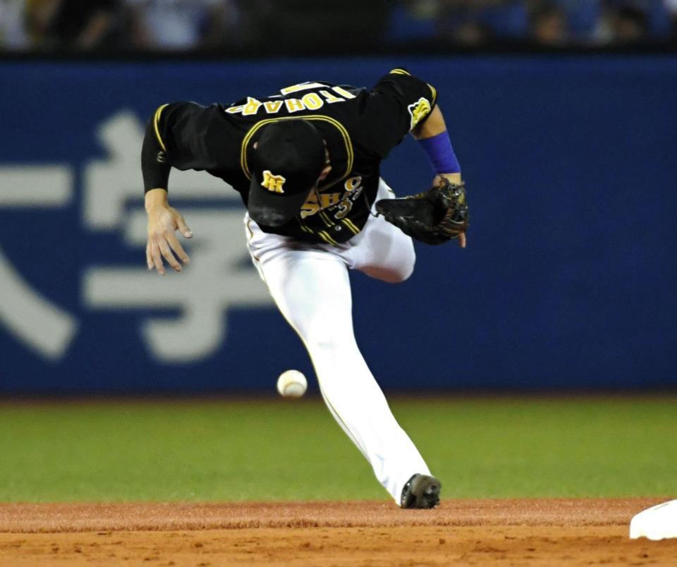 　６回、広岡のゴロをファンブルする糸原（撮影・棚橋慶太）