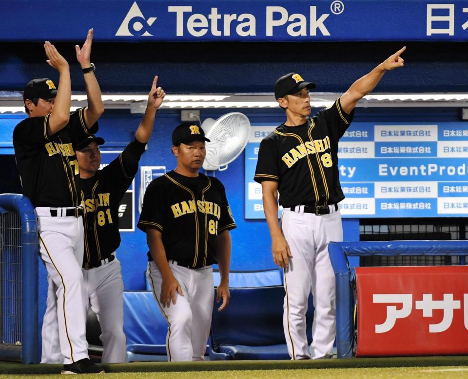 ４回、適時二塁打を放った梅野隆太郎に向かって指をさす阪神・矢野燿大監督（右）＝神宮球場（撮影・西岡正）