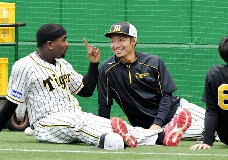　練習前、ガルシアと話をする阪神・鳥谷敬＝甲子園（撮影・田中太一）