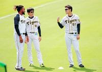 　談笑する（左から）ドリス、能見、望月