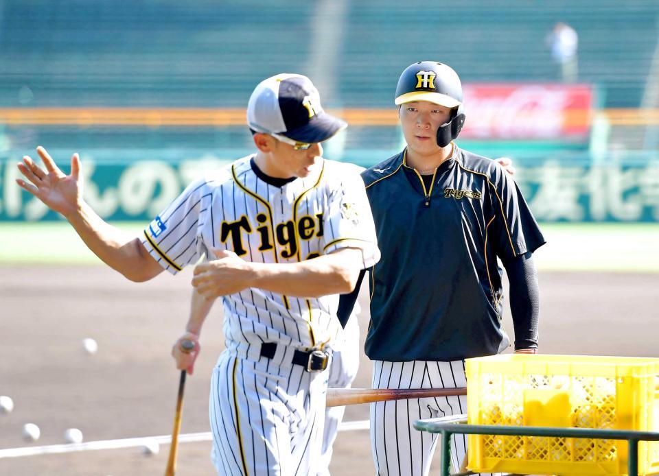 　矢野監督（左）から打撃指導を受ける大山