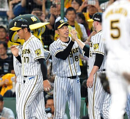 巨人に連勝し、阪神　ピアース・ジョンソン（右奥）らとタッチを交わす阪神・矢野燿大監督（中央）＝甲子園（撮影・高部洋祐）