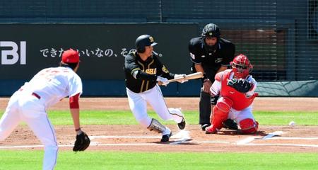 １回阪神１死、広島　クリス・ジョンソン（手前）からセーフティバントを決める阪神・近本光司＝マツダスタジアム（撮影・高部洋祐）