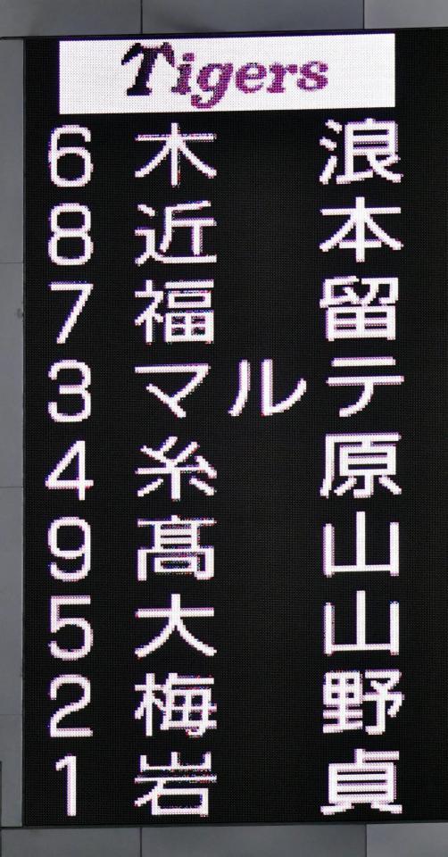 発表された阪神スタメン＝東京ドーム（撮影・西岡正）