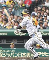 　６回、左前打を放つ近本＝甲子園