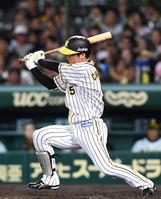 ４回阪神死塁１死、右前打を放つ阪神・近本光司＝甲子園（撮影・北村雅宏）