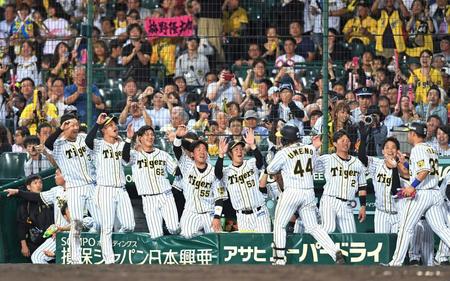 　６回、２ランを放った梅野（４４）を笑顔で迎える阪神ナイン（撮影・北村雅宏）
