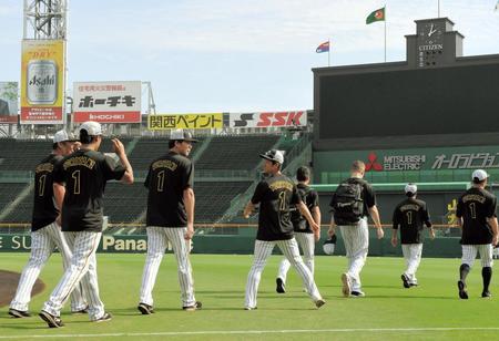 阪神・鳥谷敬のサプライズＴシャツを着てグラウンドへ出る選手＝甲子園（撮影・田中太一）