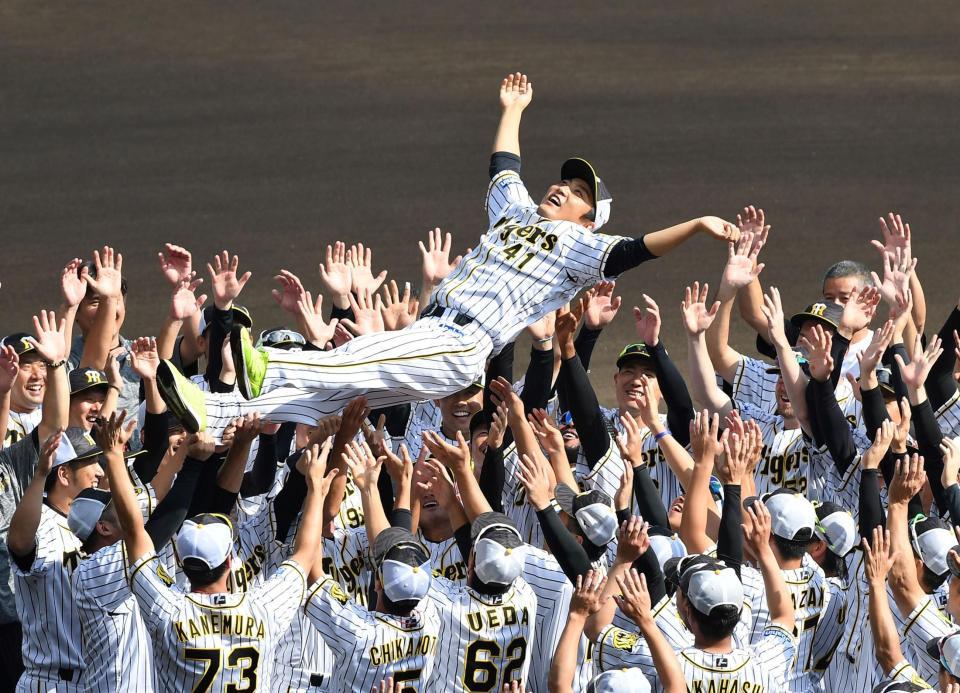 練習前、ナインに胴上げされる阪神・高橋聡文（中央）＝甲子園（撮影・北村雅宏）