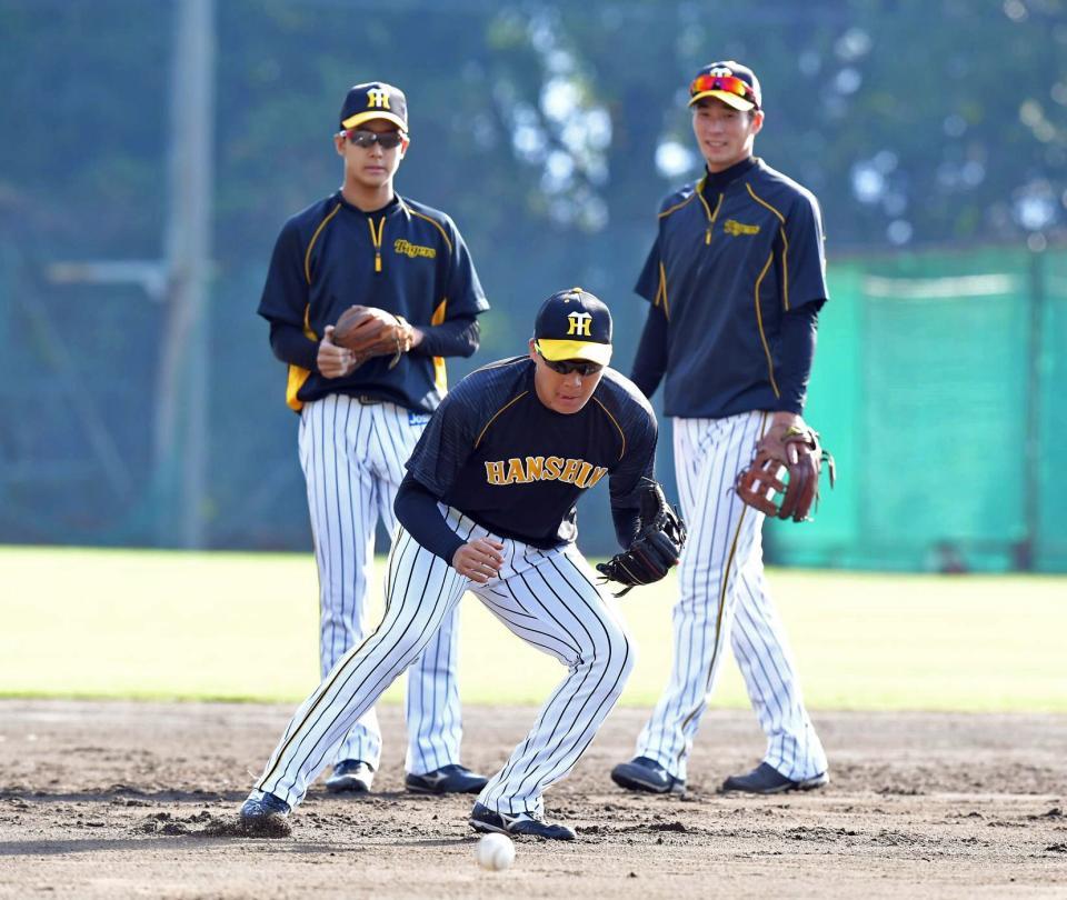 早出でノックを受ける大山（手前）ら＝安芸（撮影・高部洋祐）
