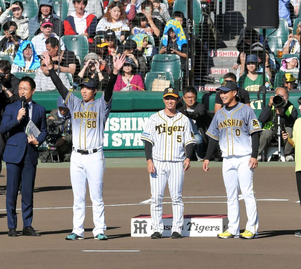 新ユニフォームを身にまといファンの前に現れる（左から）阪神・青柳、近本、木浪＝甲子園（撮影・高石航平）