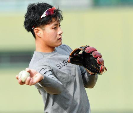 　壁当てする木浪＝鳴尾浜