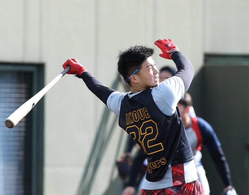 　ロングティーでバットを振り込む井上（撮影・山口登）