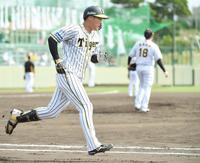 シート打撃でソロを放ち、駆け出す大山（投手・馬場）＝宜野座