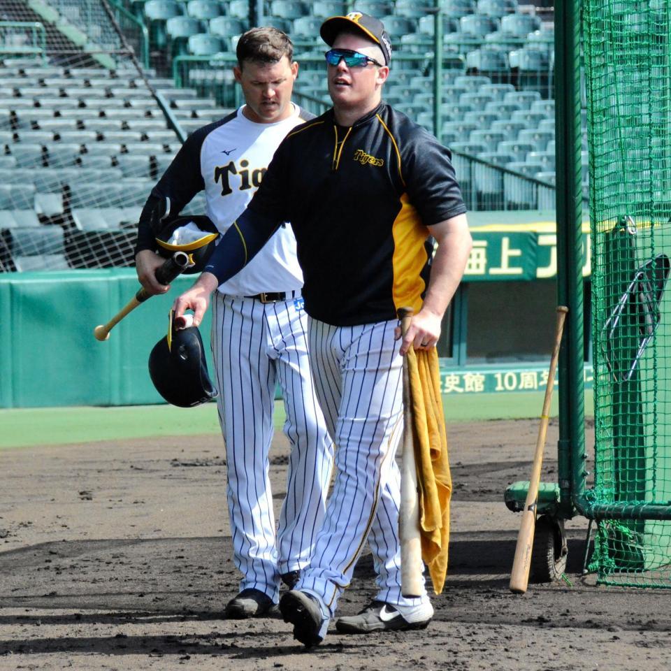 甲子園で、フリー打撃で調整したボーア（右）とサンズ（左）