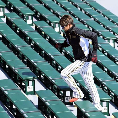 　アルプス席を駆け上がる西勇