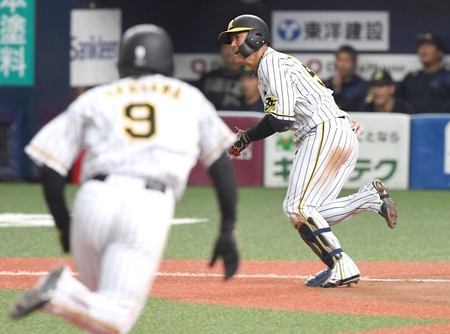 　９回、相手のエラーを誘いサヨナラを決める陽川（撮影・飯室逸平）