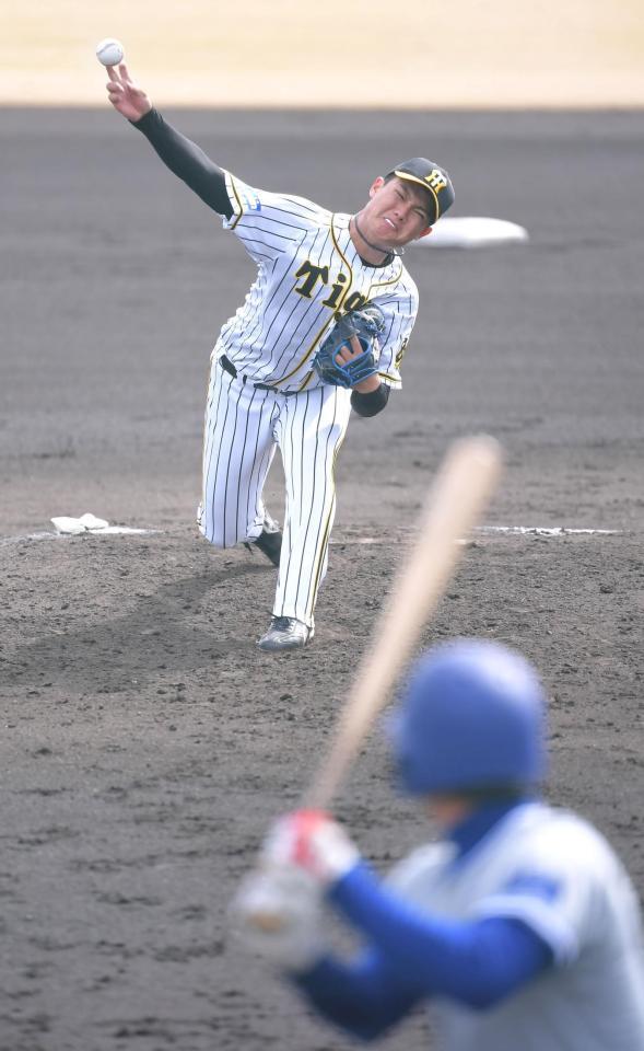 関西国際大打線相手に力投する西純（撮影・高部洋祐）