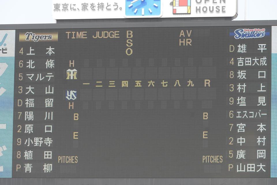 ヤクルト対阪神のスターティングメンバー＝神宮球場（撮影・堀内翔）