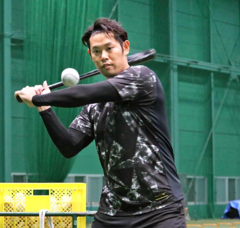 　打撃練習する原口（阪神タイガース提供）