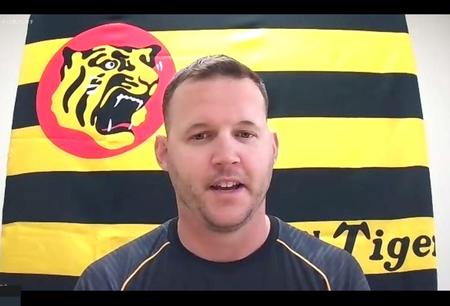 練習後、オンライン取材に応じる阪神・ジェリー　サンズ