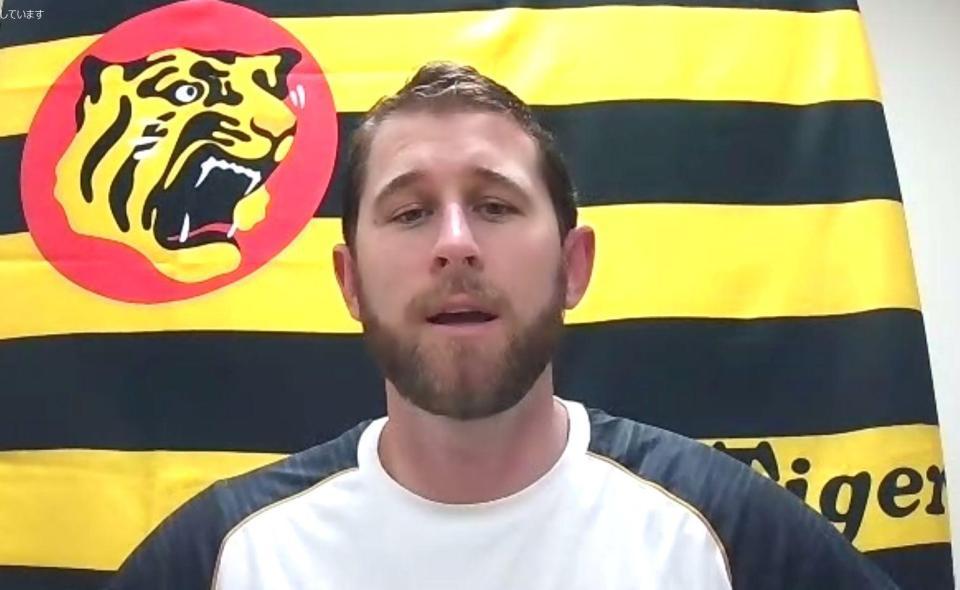 オンラインで取材を受ける阪神　ジョー・ガンケル＝甲子園（阪神タイガース提供）