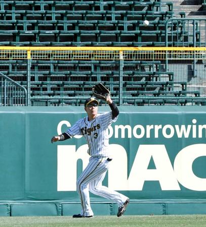 　６回、今宮の左飛を捕球する左翼手・大山（撮影・飯室逸平）