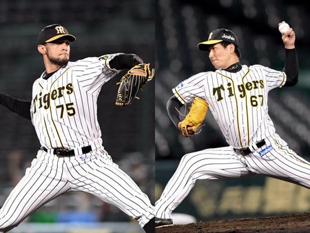 　阪神・スアレス（左）と岩崎