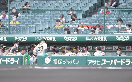 　試合前、ベンチ内で円陣を組む阪神ナイン。右端は矢野監督（撮影・高部洋祐）